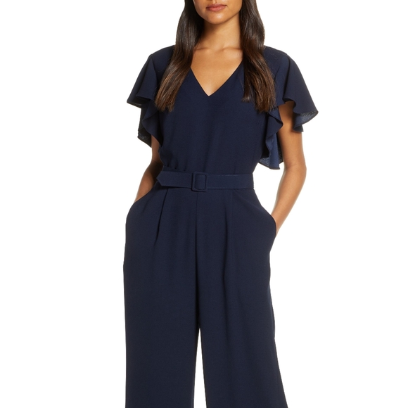 Eliza J Pants - Eliza J Flutter Sleeve Belted Jumpsuit
